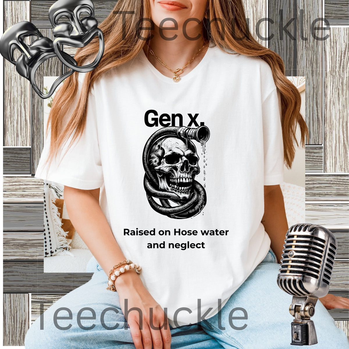 A woman wearing a white graphic T-shirt with a black skull and snake design and the text 'Gen x. Raised on Hose water and neglect'.