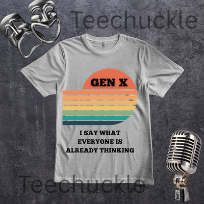 A gray graphic t-shirt featuring a retro sunset design with the text 'GEN X I SAY WHAT EVERYONE IS ALREADY THINKING'. The t-shirt is displayed on a dark textured background with vintage-style metal boxing gloves, a retro microphone