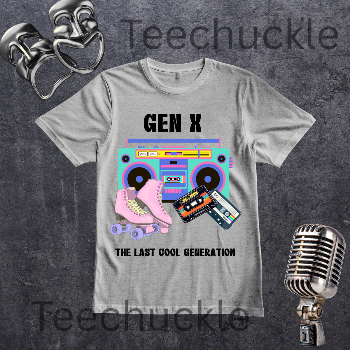 A gray graphic t-shirt featuring a retro boombox, pink roller skates, and cassette tapes with the text 'GEN X THE LAST COOL GENERATION'. The t-shirt is displayed on a dark textured background with vintage microphone and ring props