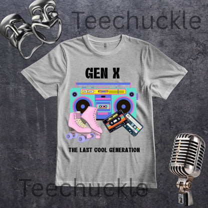 A gray graphic t-shirt featuring a retro boombox, pink roller skates, and cassette tapes with the text 'GEN X THE LAST COOL GENERATION'. The t-shirt is displayed on a dark textured background with vintage microphone and ring props
