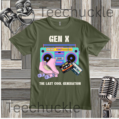 A green graphic t-shirt featuring a retro boombox, pink roller skates, and cassette tapes with the text 'GEN X THE LAST COOL GENERATION'. The t-shirt is displayed on a gray wood panel background with vintage microphone props 
