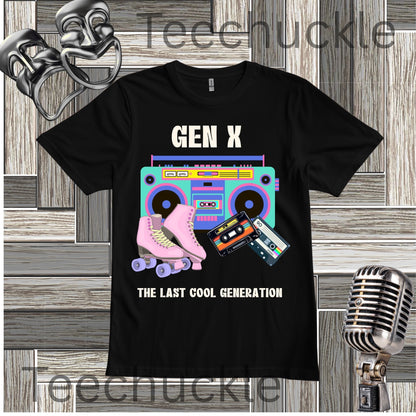 A black graphic t-shirt featuring a retro Gen X design with a boombox, roller skates, cassette tapes, and the text 'GEN X THE LAST COOL GENERATION'. The t-shirt is displayed on a gray wood panel background with vintage microphone props