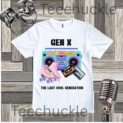 A white graphic t-shirt featuring a retro Gen X theme with a boombox, pink roller skate, and cassette tapes, displayed on a rustic wood plank background with vintage microphone and boxing gloves props.