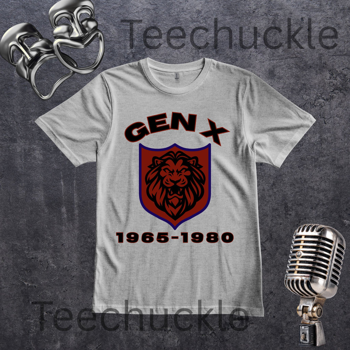 A gray crewneck t-shirt featuring a 'GEN X 1965-1980' graphic with a lion crest, displayed on a dark textured background with vintage microphone and headphones props.