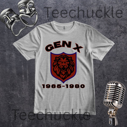 A gray crewneck t-shirt featuring a 'GEN X 1965-1980' graphic with a lion crest, displayed on a dark textured background with vintage microphone and headphones props.