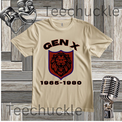 A sand t-shirt with a lion on a shield graphic with the text "GEN X 1965-1980"