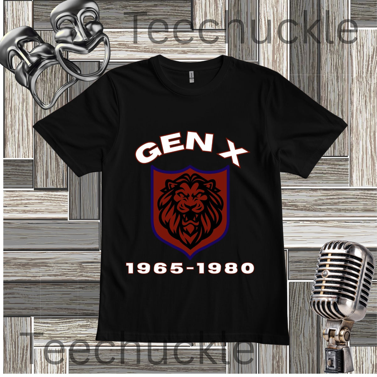 A black short-sleeve graphic T-shirt displayed flat against a rustic wood plank background. The shirt features a large front graphic with the text 'GEN X' in white above a red and purple shield containing a black lion head, and '1965-1980' in white below.