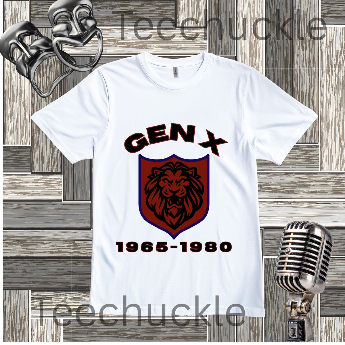 A white short-sleeve t-shirt with a 'GEN X 1965-1980' graphic featuring a lion crest, displayed on a gray wood panel background with vintage microphone and mask props