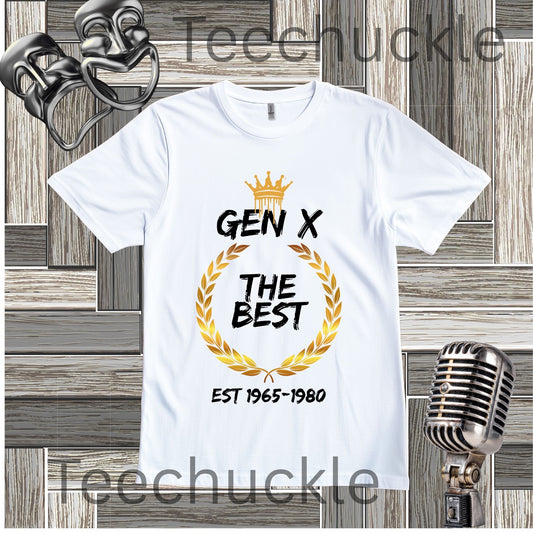 White Gen X The Best t-shirt with crown and gold wreath graphic flat lay on a wooden background