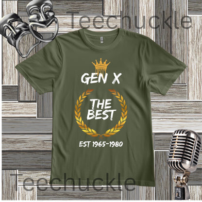Green Flat Lay t-shirt with crown and gold wreath graphic with white text saying Gen X The Best, on wooden background