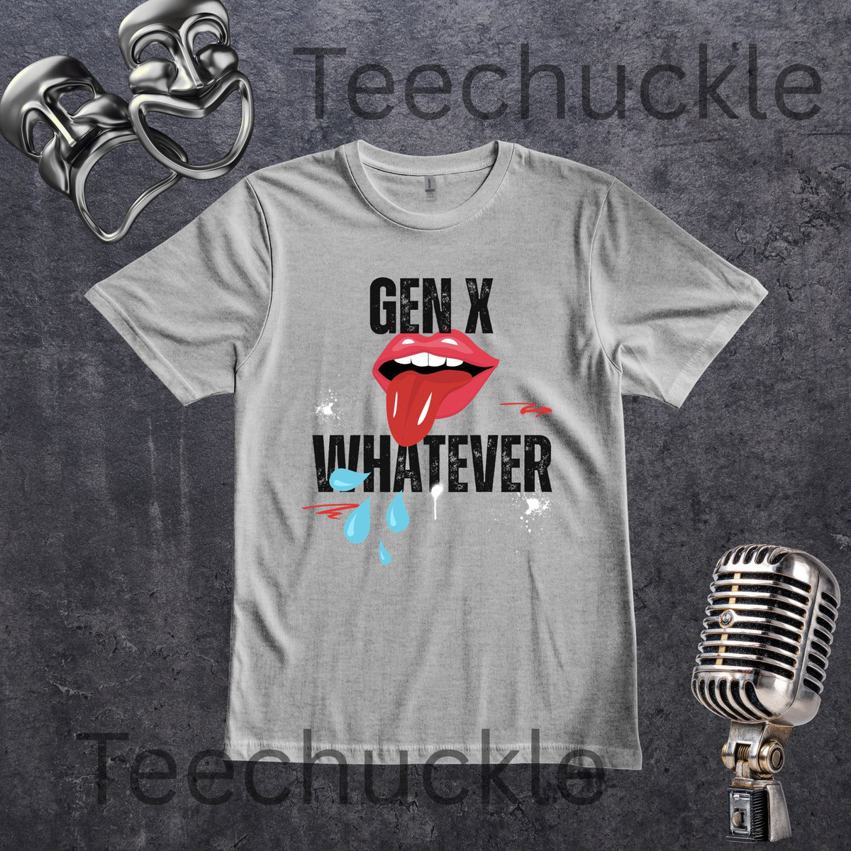 A gray graphic t-shirt featuring the text 'GEN X WHATEVER' with a red tongue sticking out of the letters, displayed on a dark textured background with vintage microphone and ring props. 