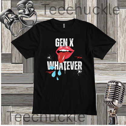 A black short-sleeve graphic t-shirt featuring the text 'GEN X WHATEVER' in white, with a graphic of red lips. The shirt is displayed on a gray wood panel background with vintage-style props including a silver microphone and a metal mask.