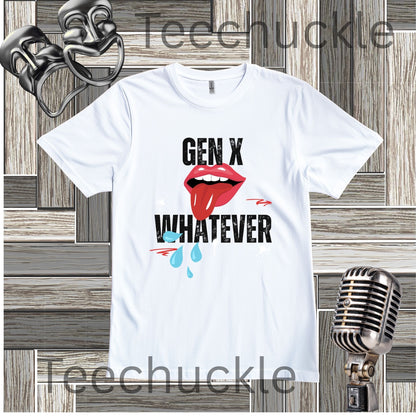 A white short-sleeve graphic t-shirt featuring the text 'GEN X WHATEVER' in black, with a graphic of red lips. The shirt is displayed on a gray wood panel background with vintage-style props including a silver microphone and a metal mask.