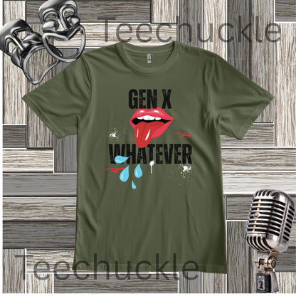 A green short-sleeve graphic t-shirt featuring the text 'GEN X WHATEVER' in black, with a graphic of red lips. The shirt is displayed on a gray wood panel background with vintage-style props including a silver microphone and a metal mask.