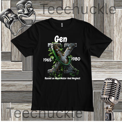 A black graphic t-shirt featuring the text 'Gen x 1965-1980 raised on hose water and neglect' in black, with an illustration of a metalic X with foliage and garden hose in the center. The t-shirt is displayed on a gray wood panel background with vintage-style props, including a silver microphone and a metal object in the corners.