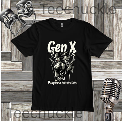 A Black t-shirt with a graphic of a man and woman standing back to back holding smoking guns, with the text "GEN X MOST DANGEROUS GENERATION" laying on a wooden background with retro microphone and comedy masks