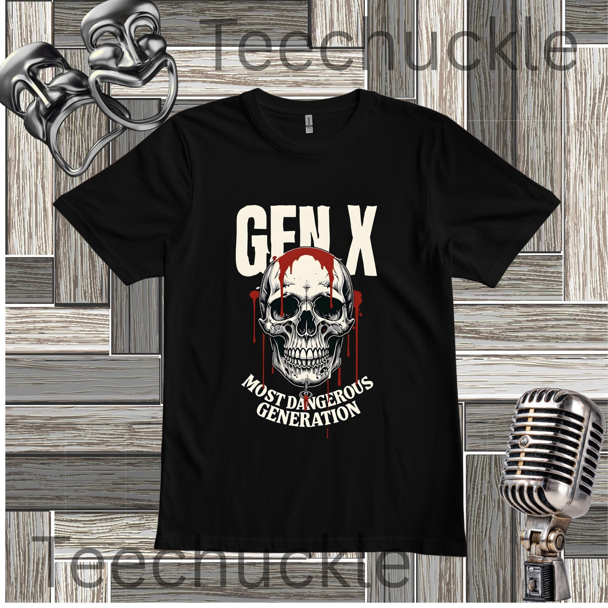 A black short-sleeve graphic t-shirt featuring a skull design with red blood drips and the text 'GEN X' and 'MOST DANGEROUS GENERATION'. The shirt is displayed on a gray wood-plank background with decorative vintage props, including a silver microphone and a comedy masks.