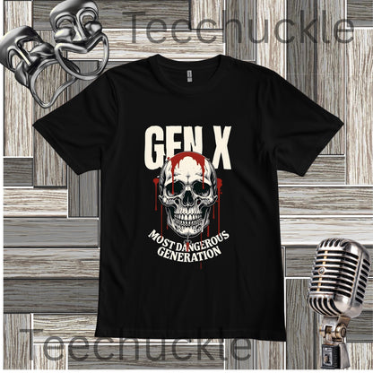 A black short-sleeve graphic t-shirt featuring a skull design with red blood drips and the text 'GEN X' and 'MOST DANGEROUS GENERATION'. The shirt is displayed on a gray wood-plank background with decorative vintage props, including a silver microphone and a comedy masks.
