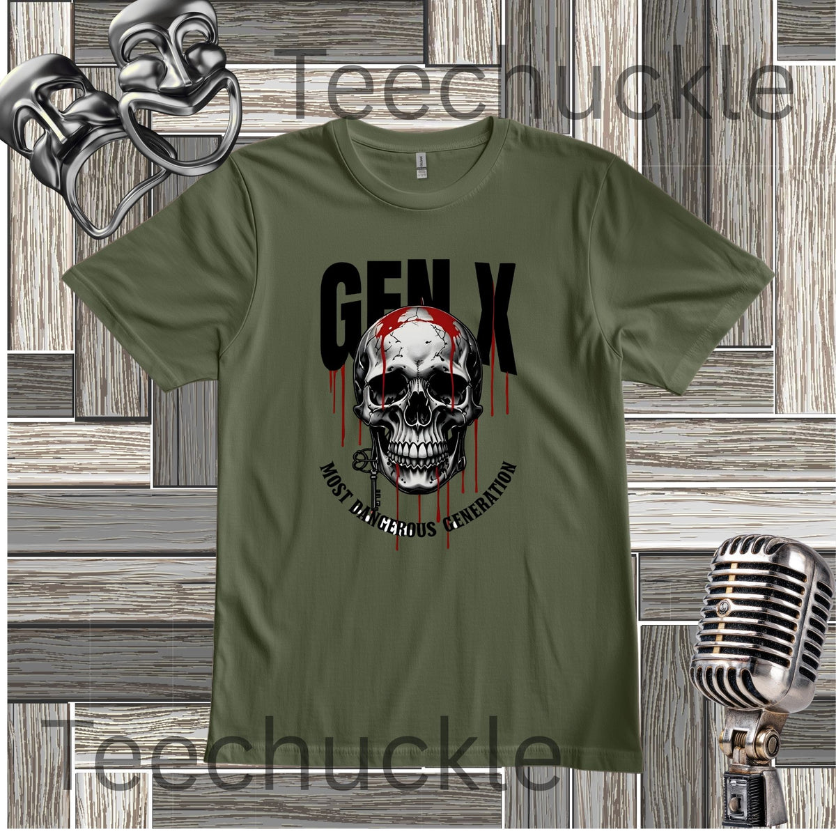 A green t-shirt with a skull with dripping blood and the text "GEN X MOST DANGEROUS GENERATION" on a wooden background withvintage microphone and comedy masks props