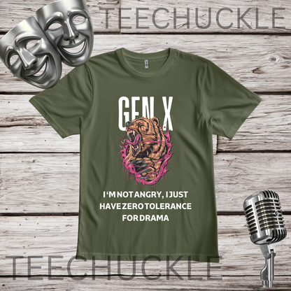A green graphic t-shirt displayed on a rustic wood background with vintage props including two silver theater masks, a retro microphone. The t-shirt features a graphic of a roaring bear in pink and with the text 'GEN X I'M NOT ANGRY, I JUST HAVE ZERO TOLERANCE FOR DRAMA'.