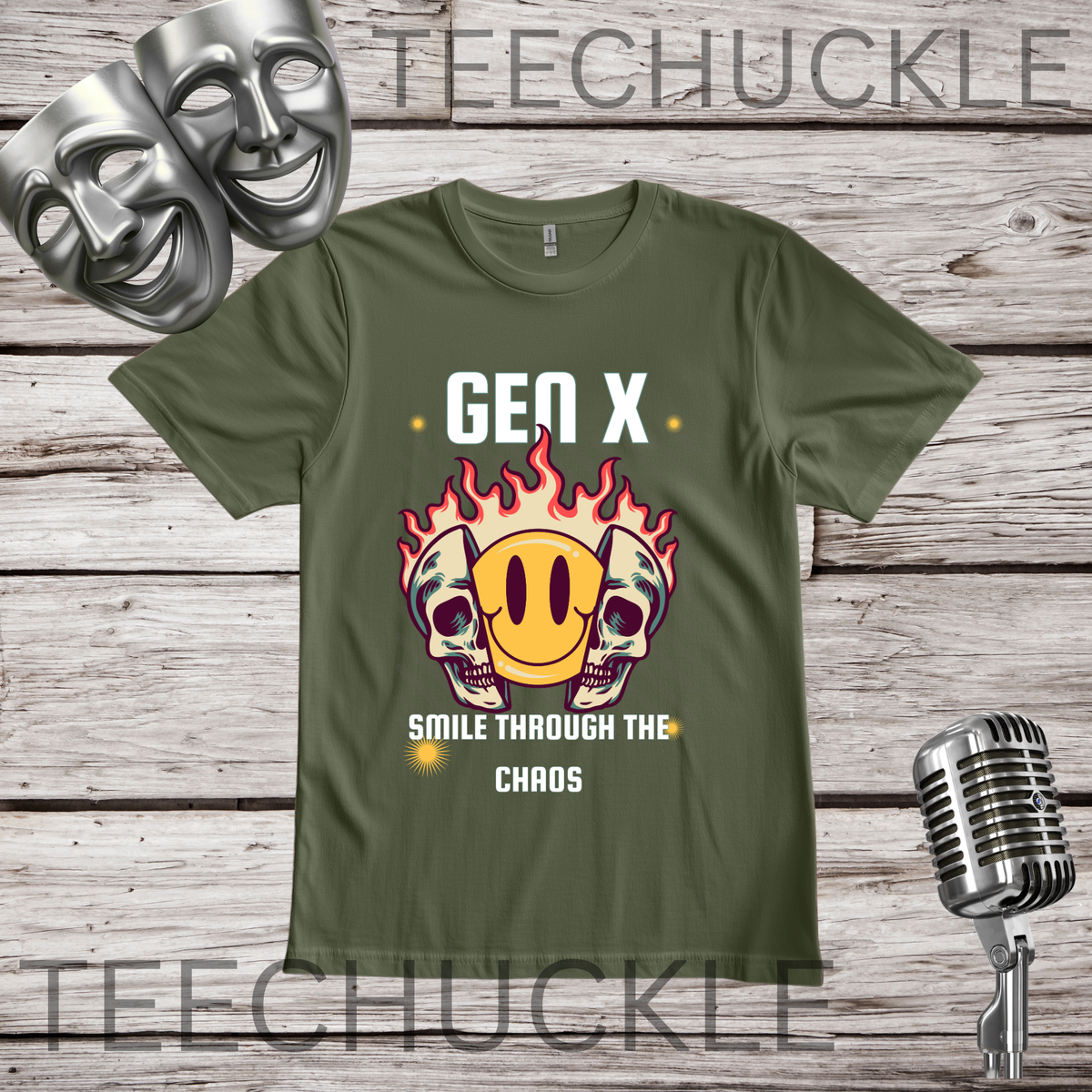 Gen X Smile Through The Chaos T-Shirt | Retro Skull & Smiley Face Graphic Tee, Gen X gift