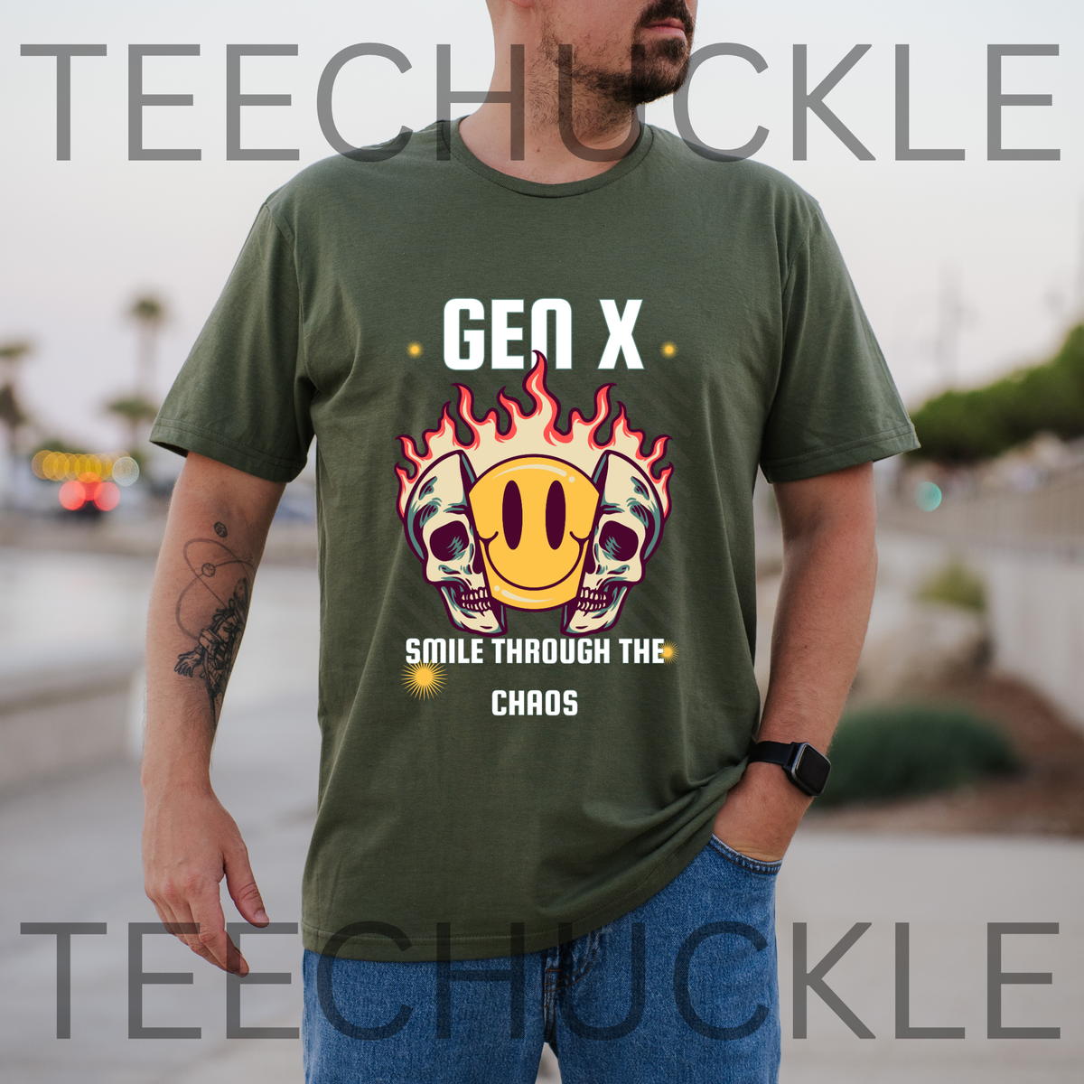 Gen X Smile Through The Chaos T-Shirt | Retro Skull & Smiley Face Graphic Tee, Gen X gift