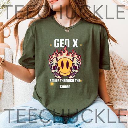 Gen X Smile Through The Chaos T-Shirt | Retro Skull & Smiley Face Graphic Tee, Gen X gift