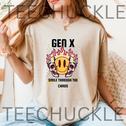 A woman wearing a sand graphic t-shirt with a 'Gen X Smile Through The Chaos' design featuring skulls and a smiley face with pause button, set against a cozy indoor background