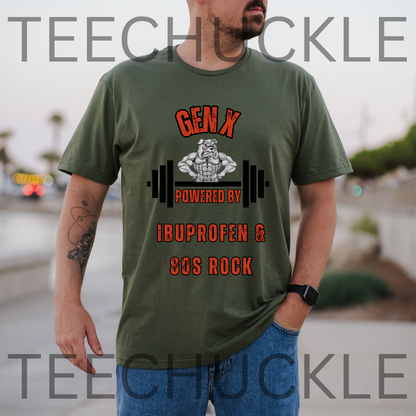 A man standing outdoors wearing a green graphic t-shirt and the text 'GEN X POWERED BY IBUPROFEN & 80S ROCK' with a muscular bulldog cartoon character and barbell graphic. 
