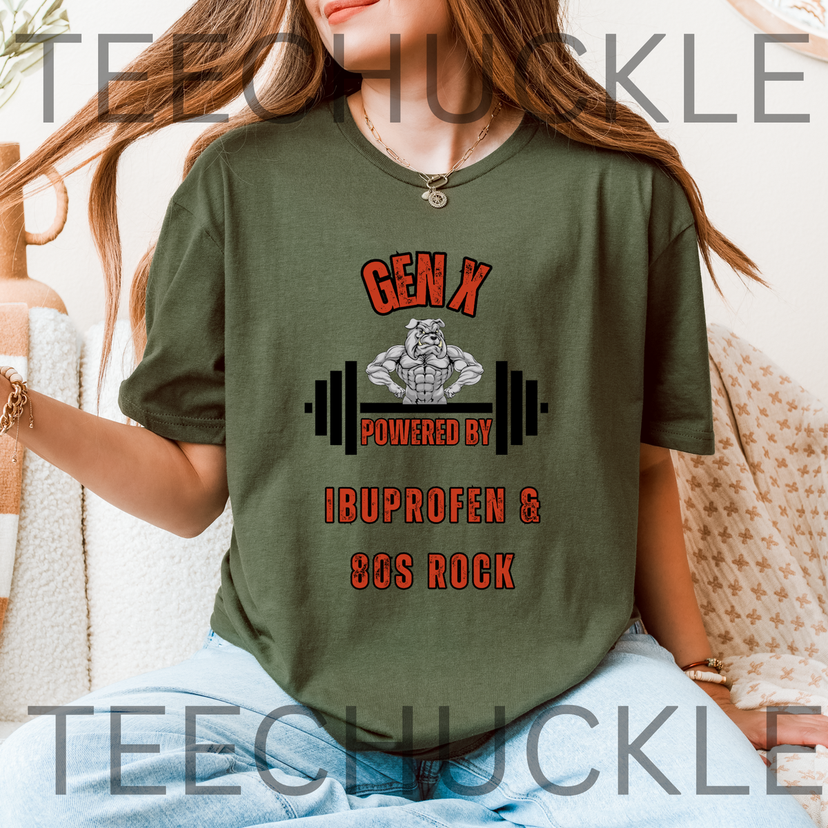 A green graphic t-shirt, and the text 'GEN X POWERED BY IBUPROFEN & 80S ROCK' with a muscular bulldog cartoon character and barbell graphic. 