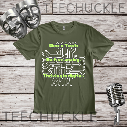 A green graphic t-shirt displayed on a rustic wood background, styled with a silver comedy mask, a vintage microphone. The shirt has a white circuit board graphic and green text " GEN X TECH BUILT ON ANALOG THRIVING IN DIGITAL"
