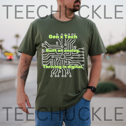 A man wearing a green graphic t-shirt with a circuit board design and the text 'Gen x Tech Built on analog. Thriving in digital.