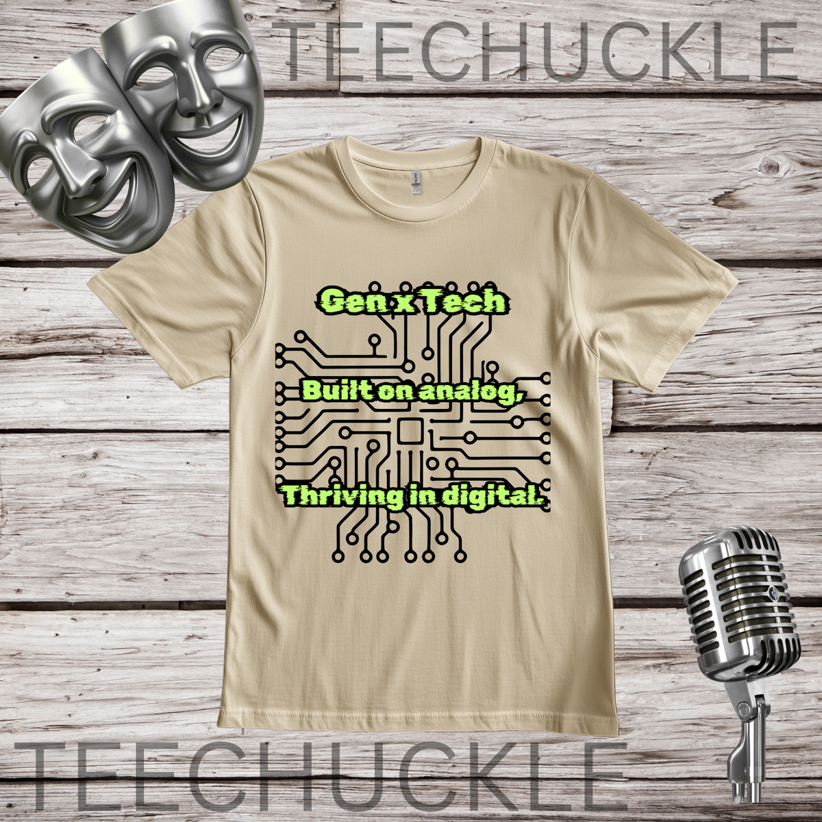 A sand graphic t-shirt displayed on a rustic wood background, featuring a black circuit board design with green text that reads 'Gen x tech Built on analog thriving in digital