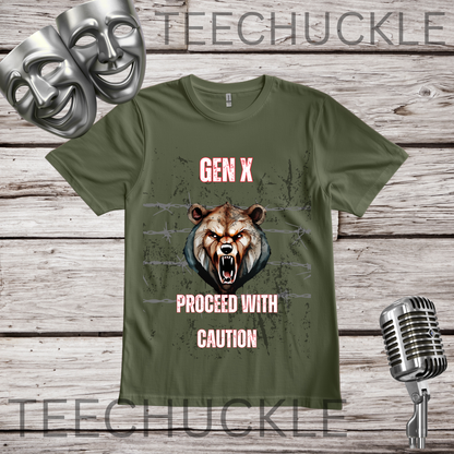 A green graphic t-shirt displayed on a rustic wooden background, featuring a grizzly bear illustration with glowing eyes and the text 'GEN X PROCEED WITH CAUTION' in white. The t-shirt is decorated with silver theater masks and a vintage microphone.