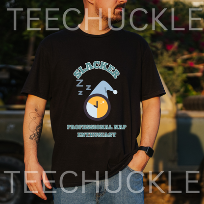 A man wearing a black graphic t-shirt with a 'Slacker Professional Nap Enthusiast' design, standing outdoors in front of a blurred vehicle.