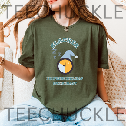 A woman wearing an oversized green graphic t-shirt with a 'Slacker professional nap enthusiast' sleep-themed design, paired with light blue jeans. 