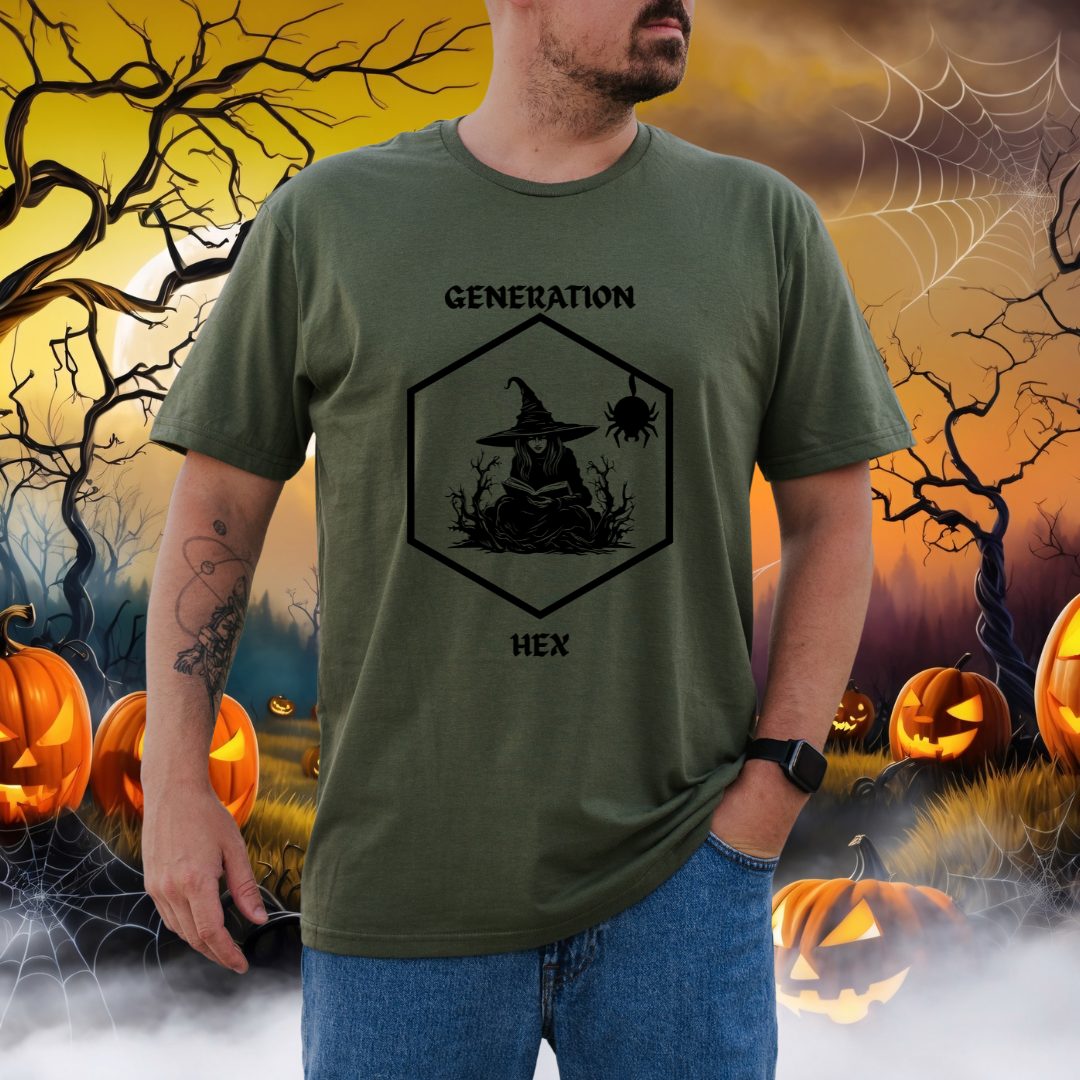 A man wearing a green graphic t-shirt with a black 'Generation Hex' witch illustration, set against a spooky Halloween background with pumpkins and cobwebs.