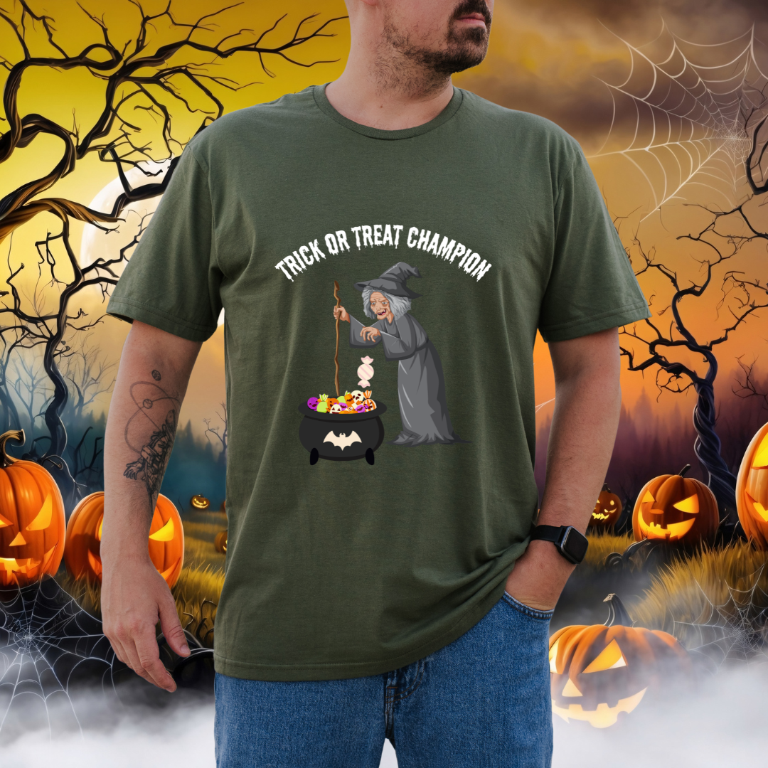 A man wearing a green graphic t-shirt with a 'Thick or Treat Champion' witch and cauldron design, set against a spooky Halloween background with pumpkins and cobwebs.