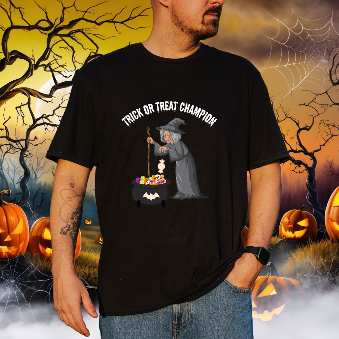 A man wearing a black graphic t-shirt with a witch and candy cauldron design and the text 'TRICK OR TREAT CHAMPION'. The background is a spooky Halloween scene with pumpkins, cobwebs, and a full moon.