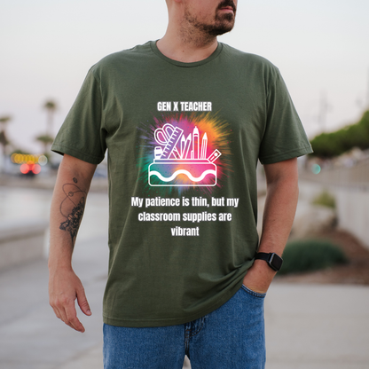 A man wearing a green graphic t-shirt with a colorful 'Gen X Teacher' design, standing outdoors on a blurred street background.