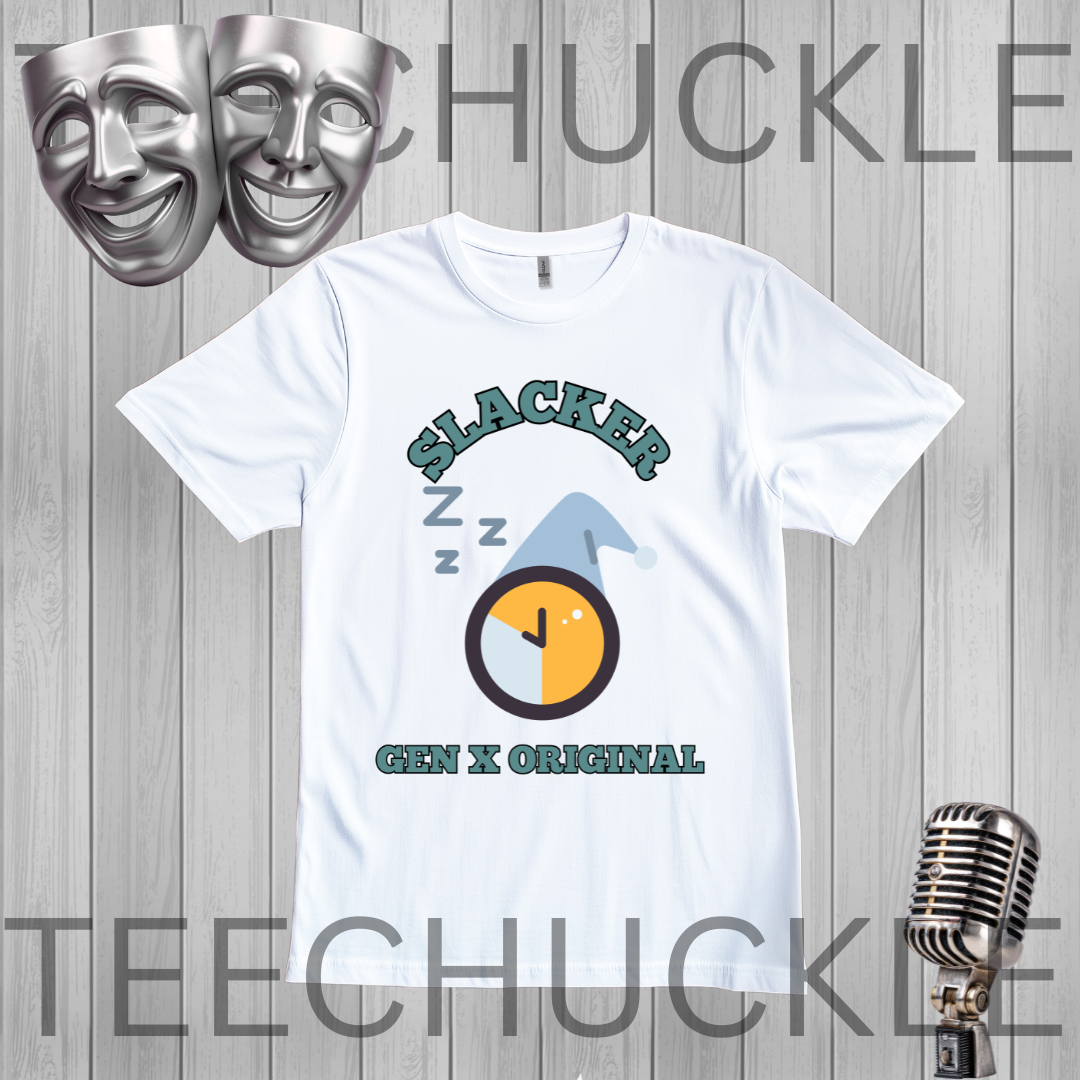 A white graphic t-shirt featuring a 'Slacker Gen X Original' design with a sleeping clock and 'Z' marks, displayed on a gray wood plank background with theatrical masks and a vintage microphone.
