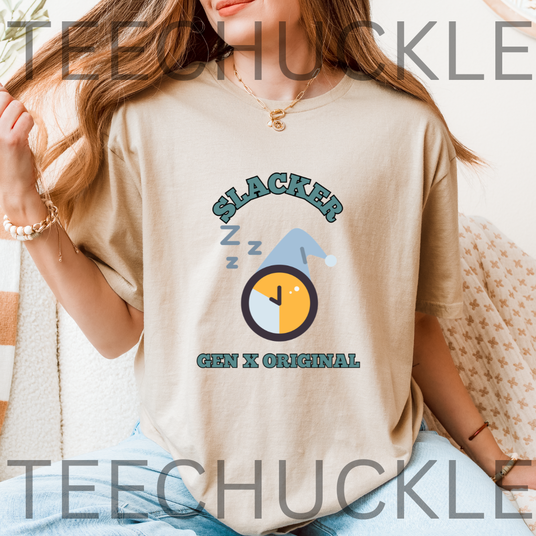 A woman wearing a sand graphic t-shirt with a 'Slacker Gen X Original' sleep-themed design, featuring a clock and z-z-z sound waves. 