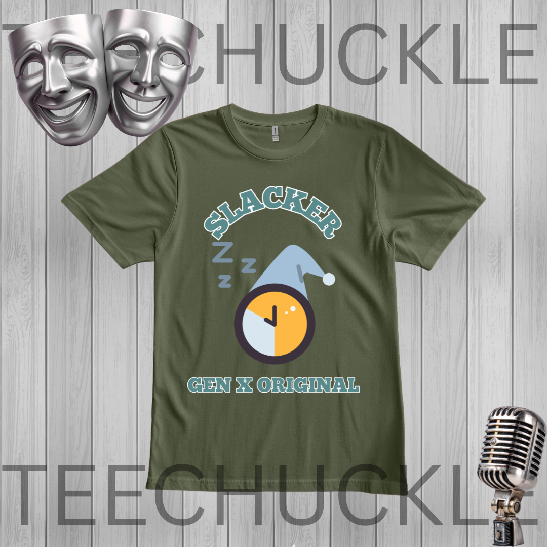 A green graphic t-shirt featuring a 'Slacker Gen X Original' design with a sleeping clock and Santa hat. The t-shirt is displayed on a gray wood-plank background with decorative props including silver comedy masks and a vintage microphone