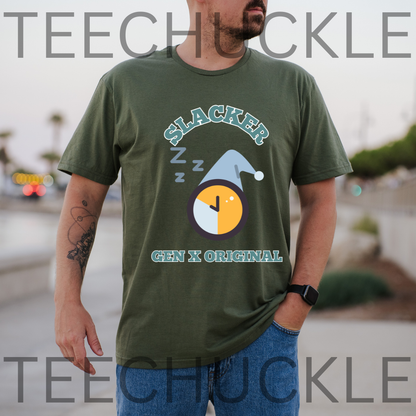 A man wearing an olive green graphic t-shirt with a 'Slacker Gen X Original' sleep clock design, set against a blurred outdoor background 