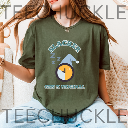 A woman wearing a green graphic t-shirt with a 'Slacker' clock design, paired with light blue jeans. 