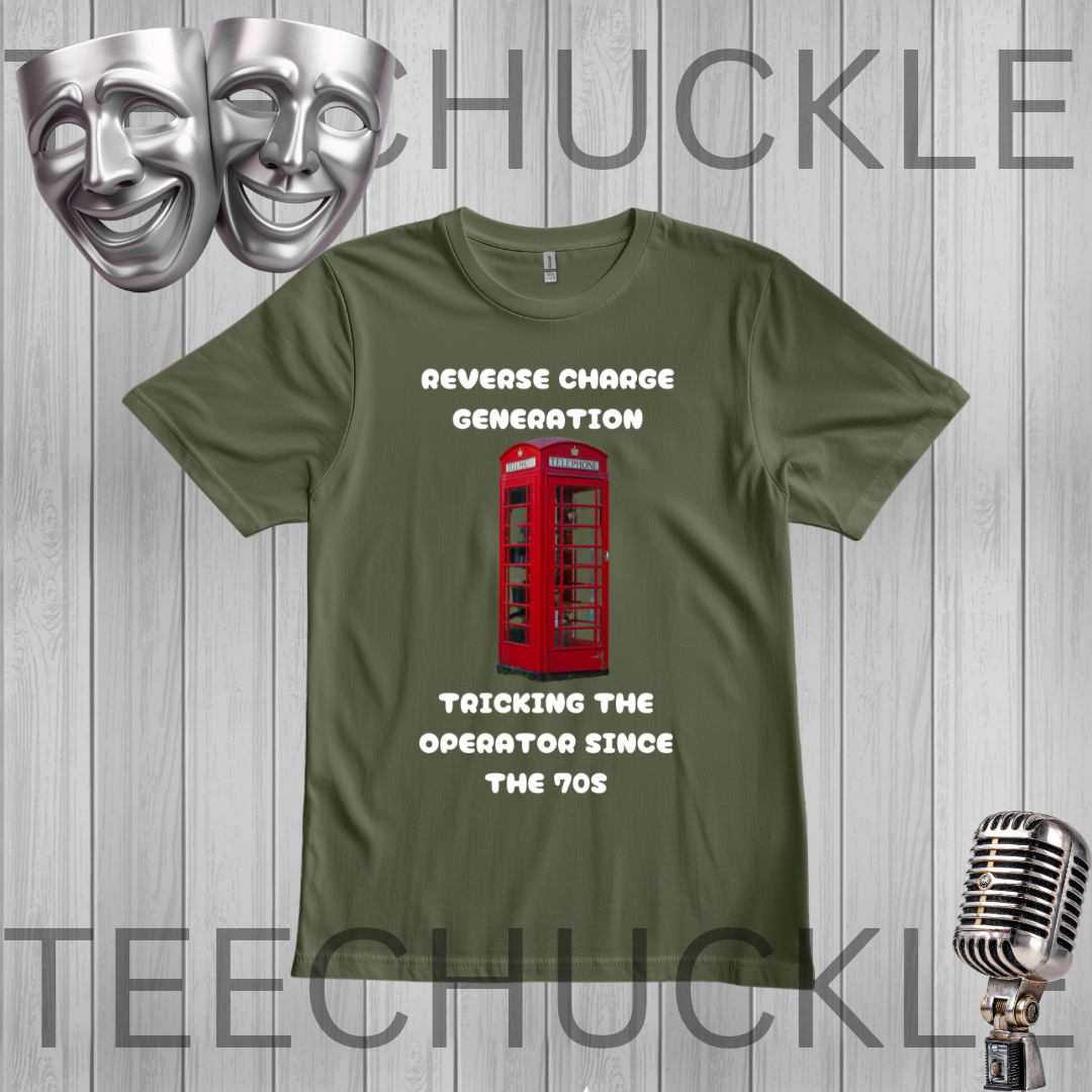 A green graphic t-shirt featuring a red telephone booth and white text that reads 'REVERSE CHARGE GENERATION' and 'TRICKING THE OPERATOR SINCE THE 70s'. The t-shirt is displayed on a gray wood-plank background with a silver microphone and two silver theater masks, 