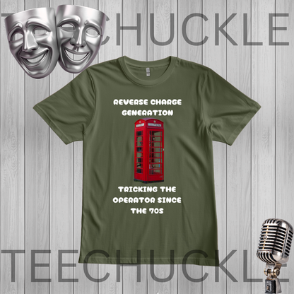 A green graphic t-shirt featuring a red telephone booth and white text that reads 'REVERSE CHARGE GENERATION' and 'TRICKING THE OPERATOR SINCE THE 70s'. The t-shirt is displayed on a gray wood-plank background with a silver microphone and two silver theater masks, 