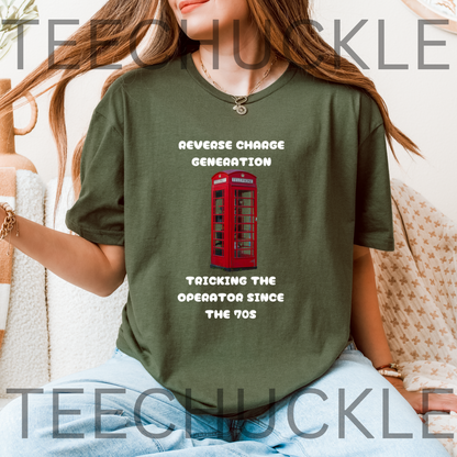 A woman wearing a green short-sleeve graphic t-shirt featuring a red telephone booth and black text that reads 'REVERSE CHARGE GENERATION' and 'TRICKING THE OPERATOR SINCE THE 70s'. 