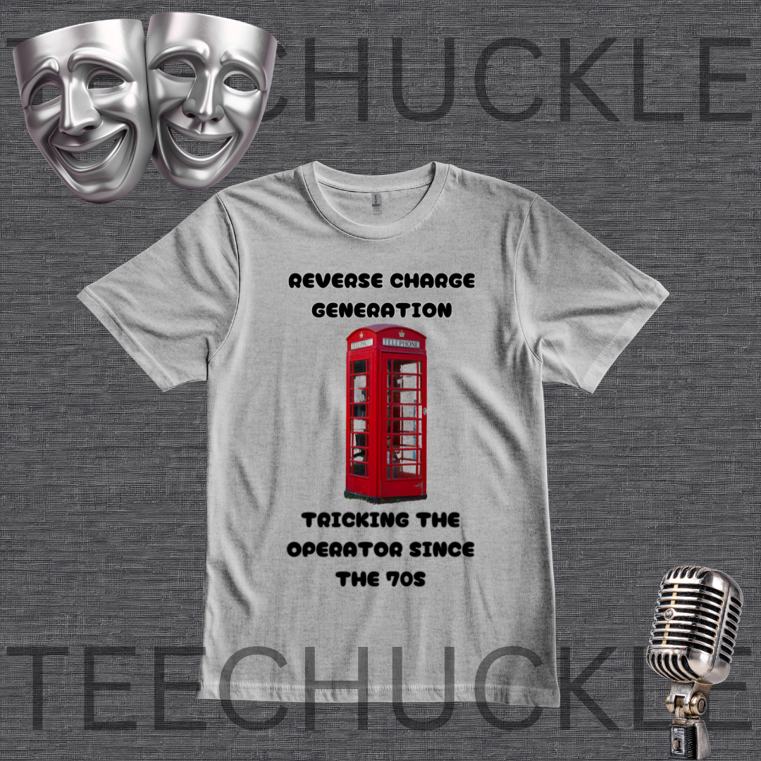 A gray graphic t-shirt featuring a red telephone booth illustration and the text 'REVERSE CHARGE GENERATION' and 'TRICKING THE OPERATOR SINCE THE 70S'. The t-shirt is displayed on a dark gray textured background with theatrical comedy masks in the top-left corner and a vintage microphone in the bottom-right corner.
