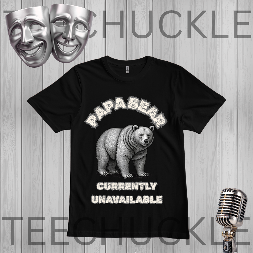 A black short-sleeve graphic T-shirt displayed on a gray wood-plank background. The shirt features a white distressed-style graphic of a polar bear with the text 'PAPABEAR' above and 'CURRENTLY UNAVAILABLE' below.